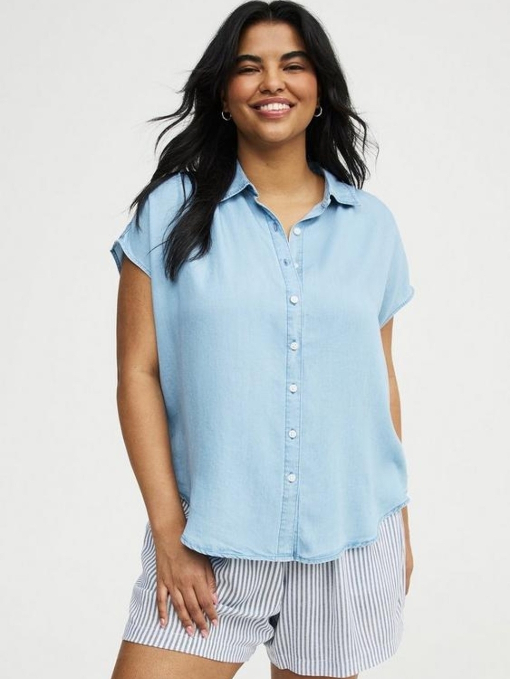 Torrid Light Blue Challis Dolman Short Sleeve Button-Down Shirt